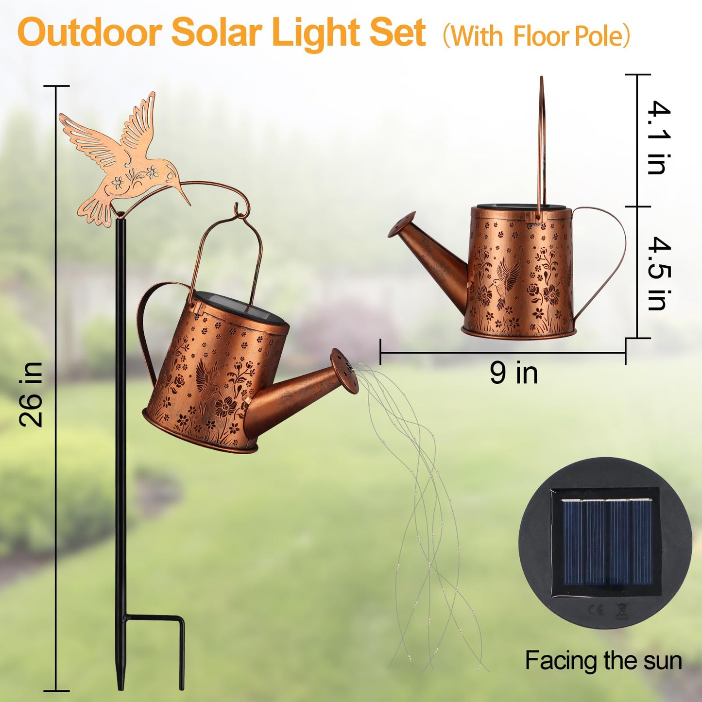 Outdoor Hanging Solar Lantern Waterproof Set Outside Metal Openwork Hummingbird Watering can Landscape Lights for Garden Yard Patio Pathway Decor Birthday Gifts for Women Mom Grandma -with Floor Pole