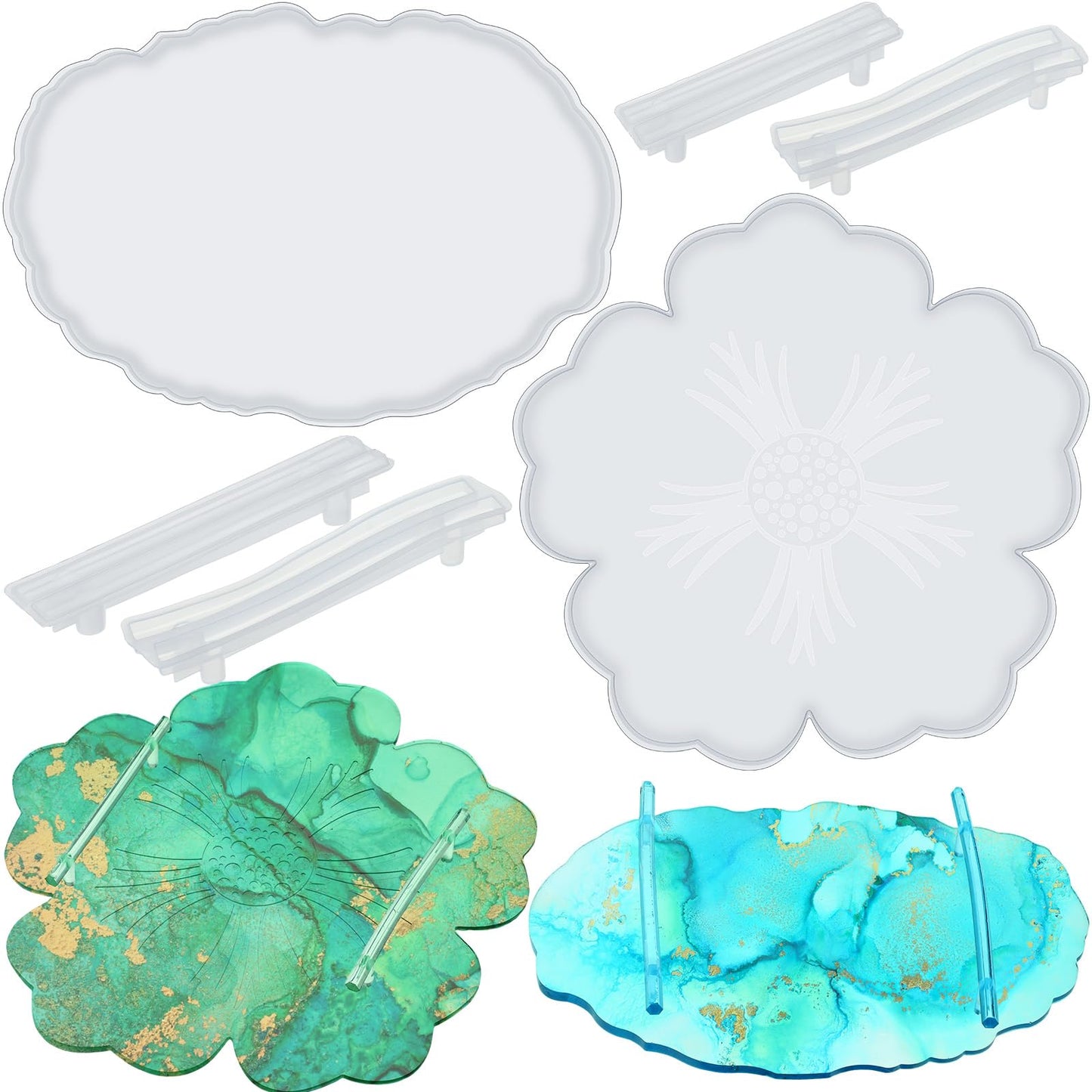meekoo 2 Pcs Large Silicone Resin Tray Molds with 4 Pcs Handles Serving Tray Resin Mold for Making Jewelry Plates Tea Coasters Art Craft Casting Supplies(Flower, Oval)