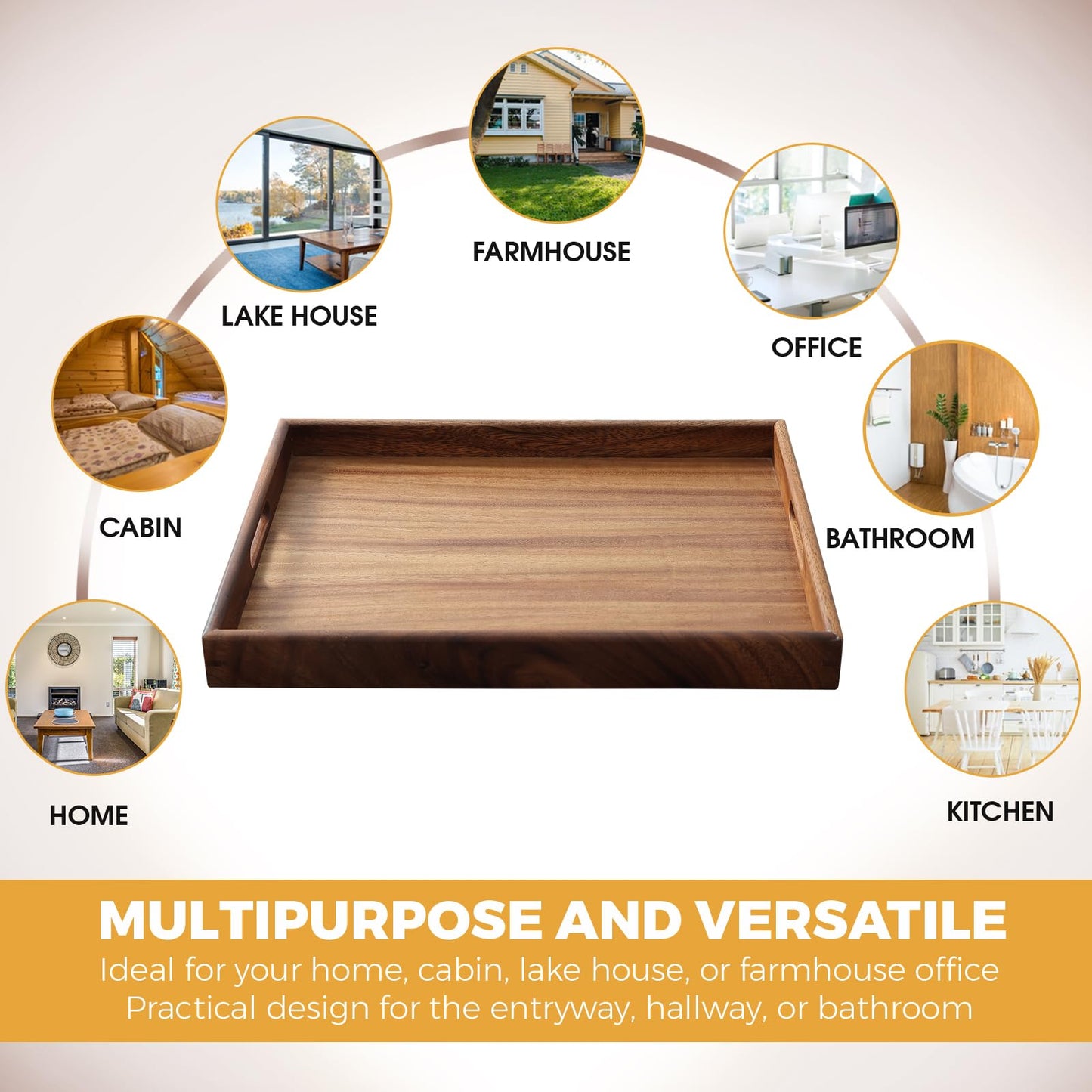 MOOKOMI Walnut Wood Serving Tray with Handles - Stylish Coffee and Food Tray for Home, Ottoman, or Dining Use(15.7 Inches)