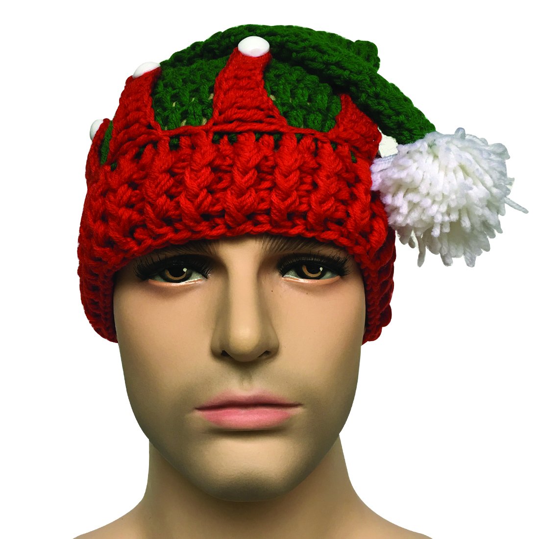 Kafeimali Unisex Christmas Winter Knitted Crochet Beanie Santa Hat with Beard Foldaway Bearded Caps (Red)