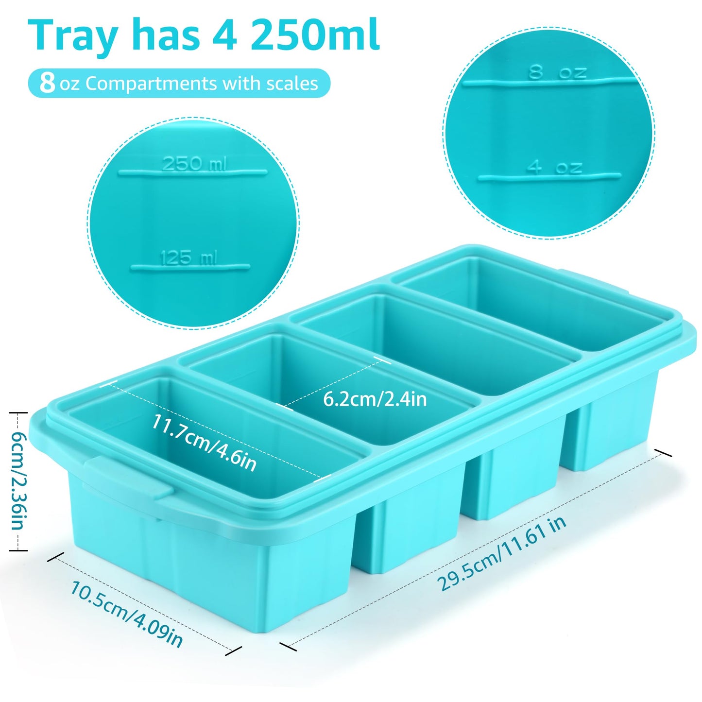 Ztomine Silicone Freezer Tray With Lid - Silicone Freezer Food Molds- Large Ice Cube Tray,Silicone Freezer Container,Freeze & Store Soup, Sauce, Broth,Leftovers - Makes 4 Perfect 1 Cup