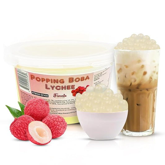 Fanale Lychee Popping Boba Pearls, Vegan, Non GMO, Gluten Free, Fat Free, Perfect for Bubble Tea, Smoothies, Ice Cream, Desserts, and Beverages1 Pound (Pack of 1).