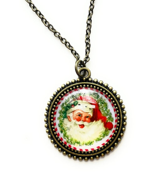 Vintage Santa Claus Christmas Necklace - Handmade - Holiday Jewelry for Women