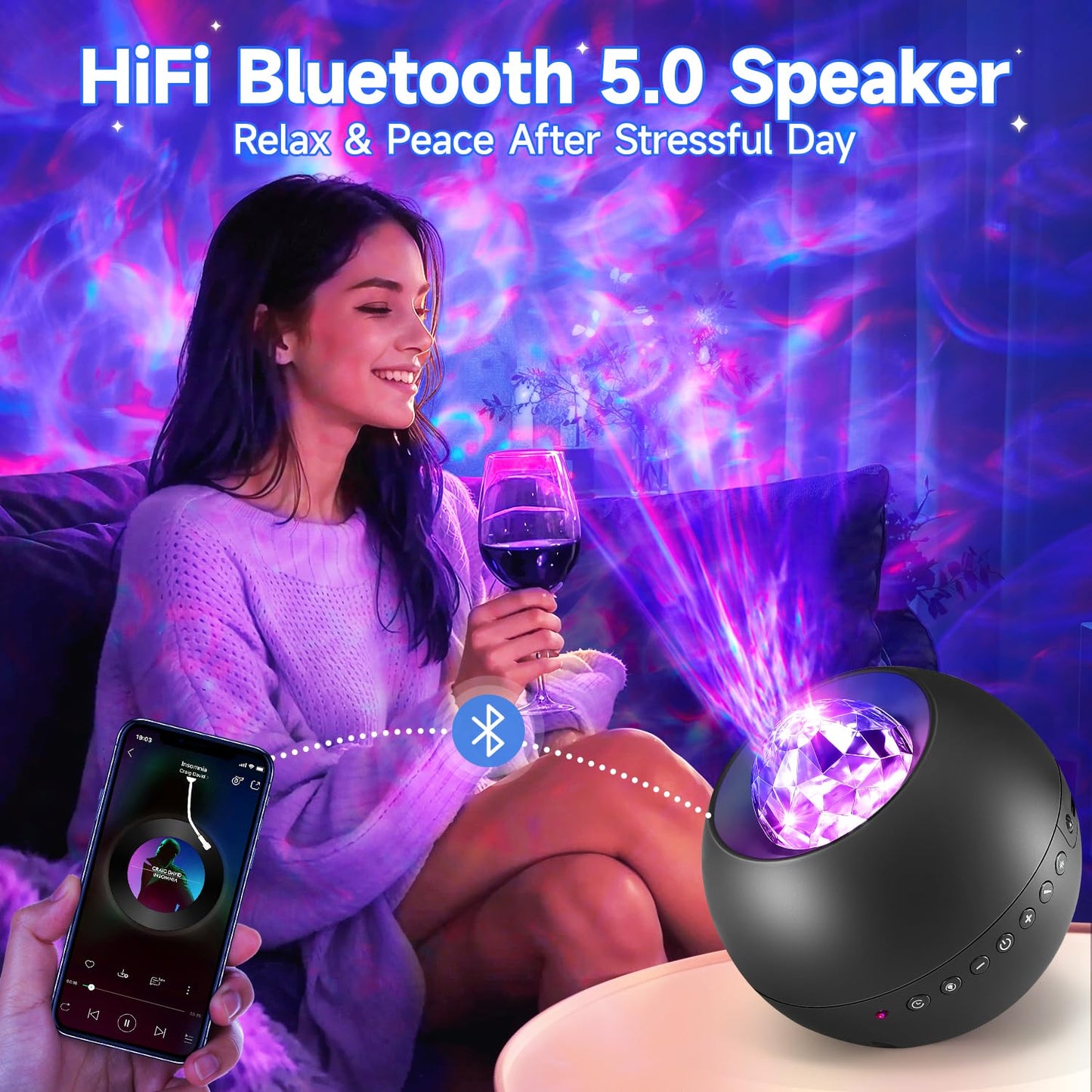 Galaxy Light Projector, 210 Light Effects Ceiling Projector,15 White Noise Galaxy Projector for Bedroom Adults,HiFi Bluetooth Galaxy Projector Lights for Bedroom,Remote&Timer Galaxy Lights for Bedroom