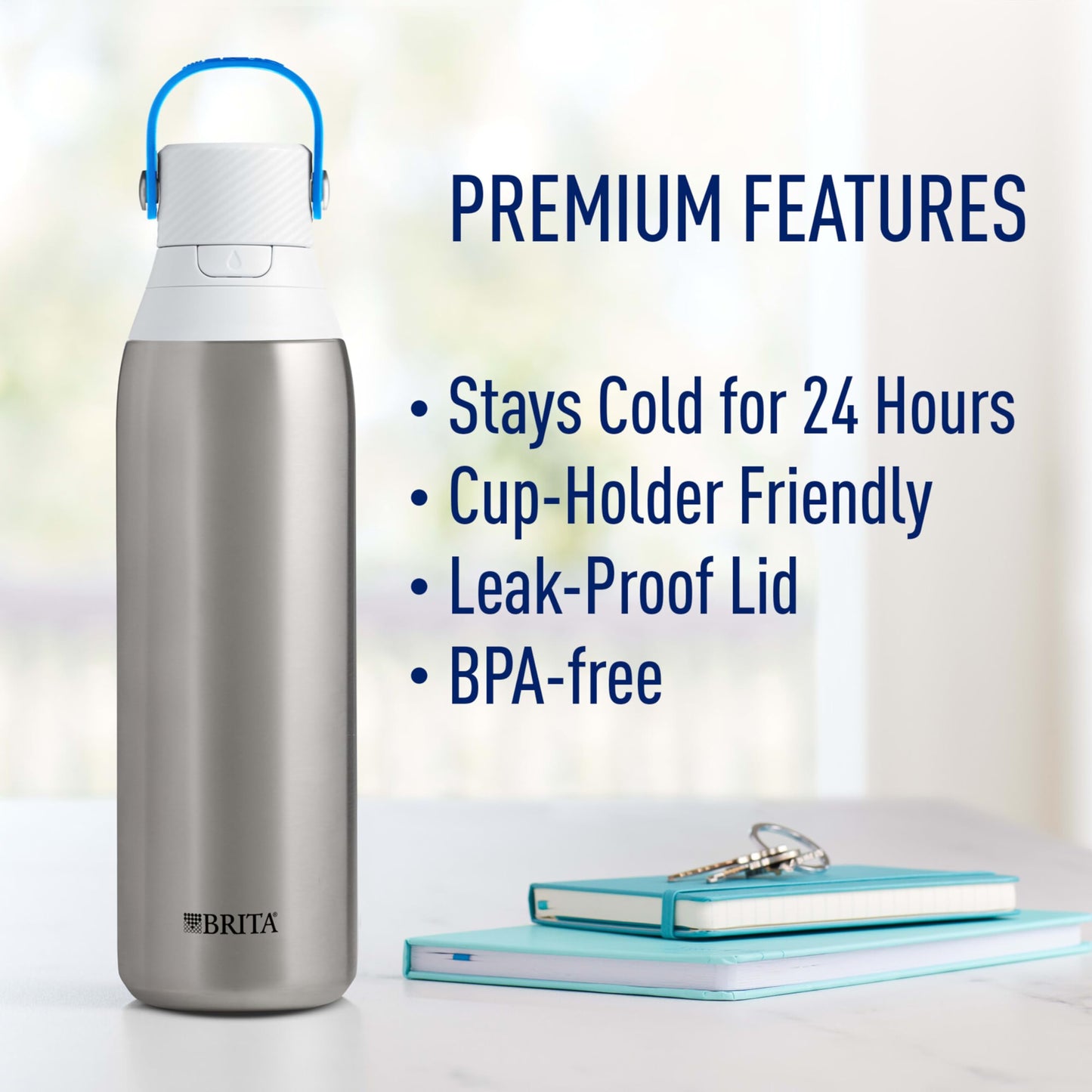 Brita Insulated Filtered Water Bottle with Straw, Reusable, Christmas Gift and Stocking Stuffer For Men and Women, Stainless Steel Metal, 20 Ounce