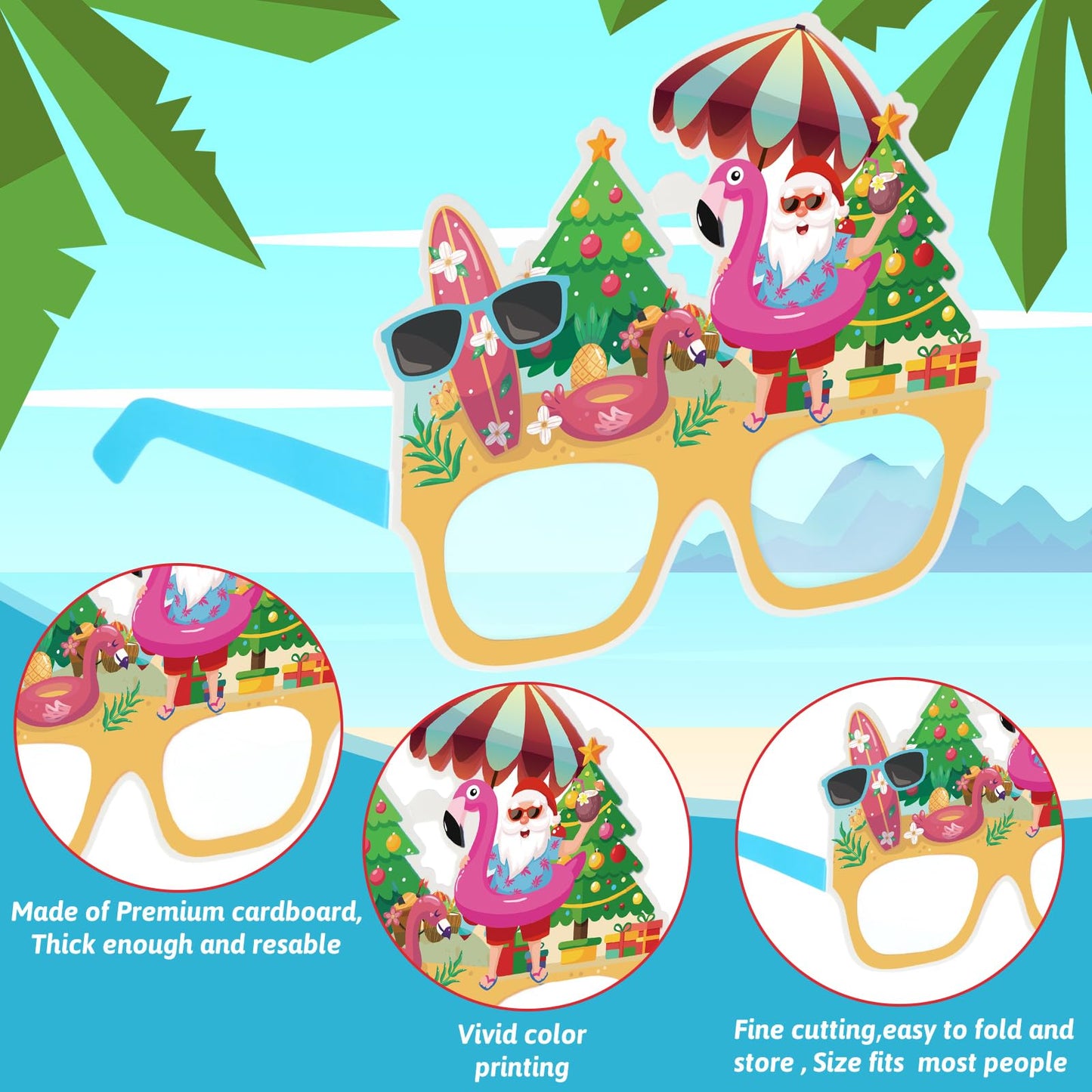 Yuxung 24 Pcs Christmas Party Favors, Summer Christmas Paper Eyeglasses and Headbands, Hawaiian Party Supplies Photo Booths Tropical Beach Santa Holiday Decorations