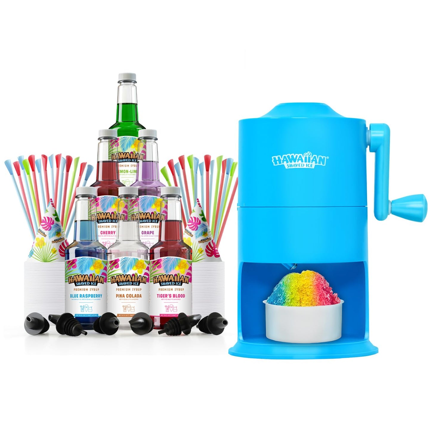Hawaiian Shaved Ice Syrup 6 Flavor Assortment bundled with Hawaiian Shaved Ice Mini Snow Cone Machine