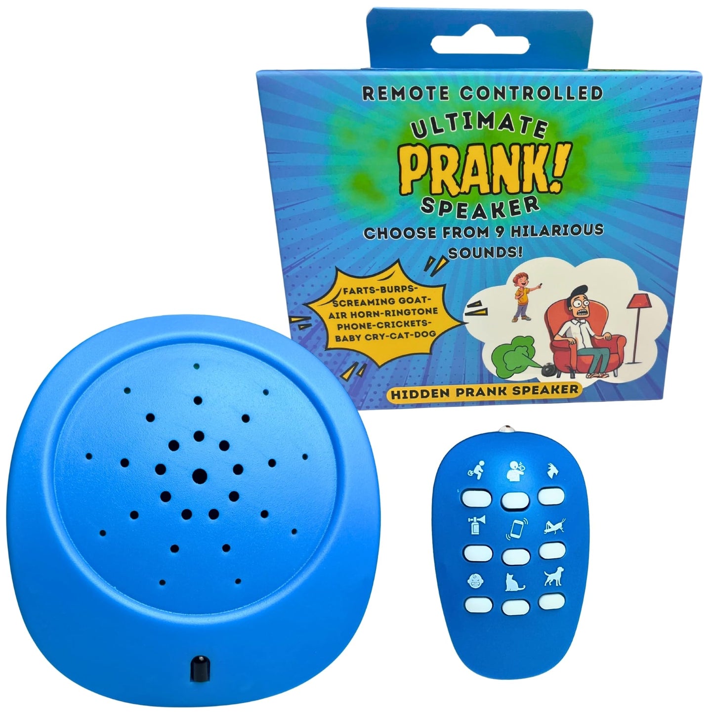 Remote Controlled Sound Prank - Farts, Burps, Screaming Goat, Air Horn, Phone Ringtone, Crickets, Baby Crying, Cat, Dog - 26 Different Realistic Sounds