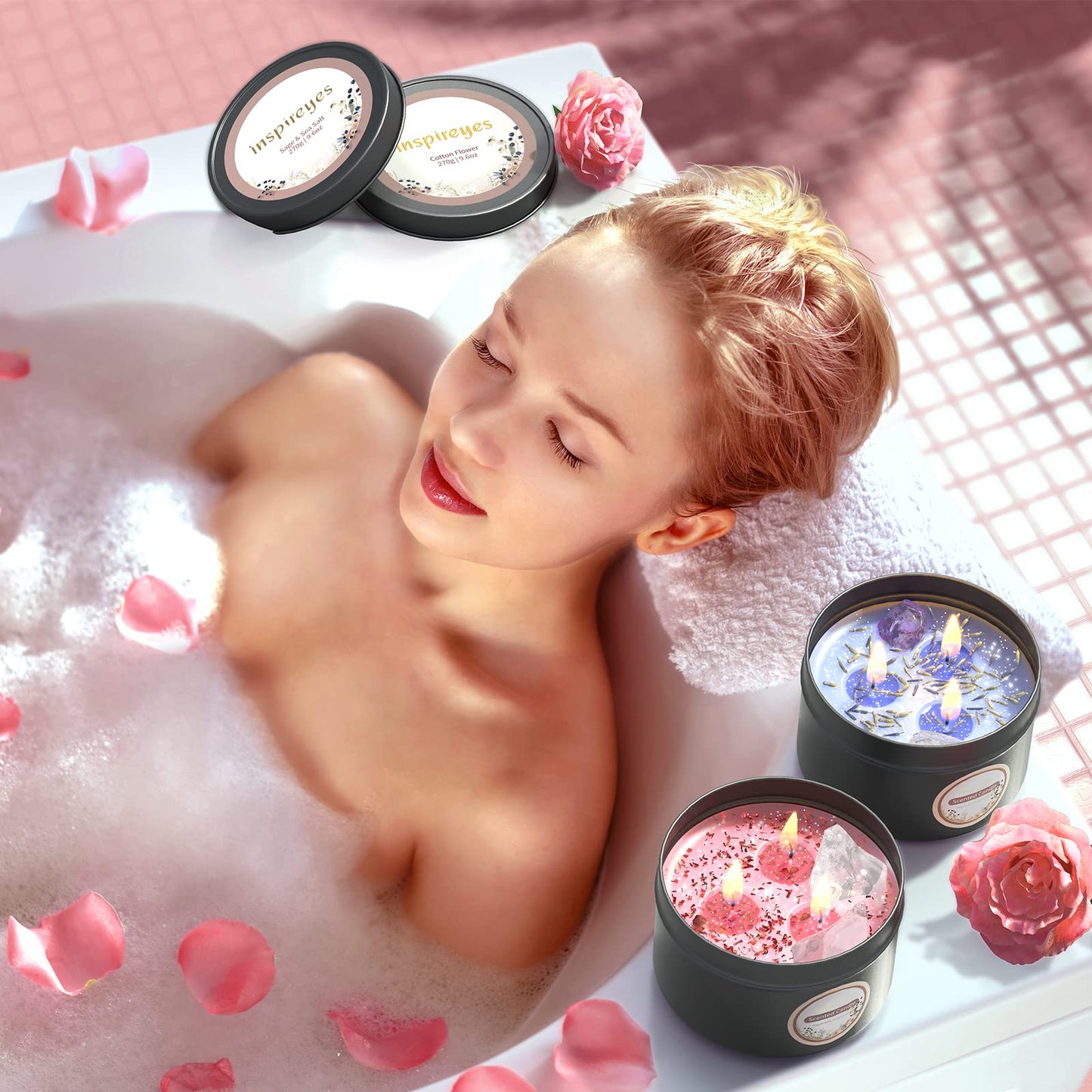 Inspireyes Scented Candles Set with Crystal, 3 Wick Candle 19 oz Soy Wax Aromatherapy Meditation Candles, Large Manifestation Candle with Large Energy Stones, Birthday Gifts for Women