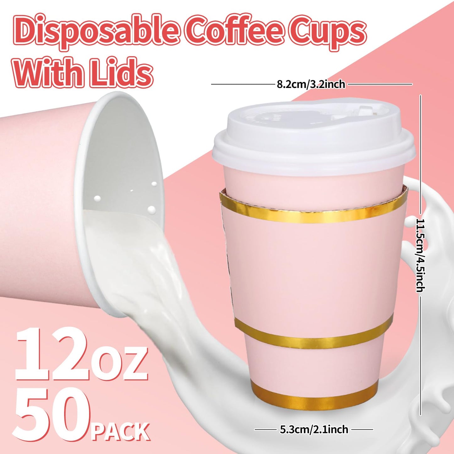 JarThenaAMCS 50Pcs Light Pink Disposable Coffee Cups with Lids and Sleeves 12Oz Foil Gold Border Pink Party Paper Tableware for Wedding Holiday Picnic Birthday Party Bridal Favor Coffee Beverage Tea