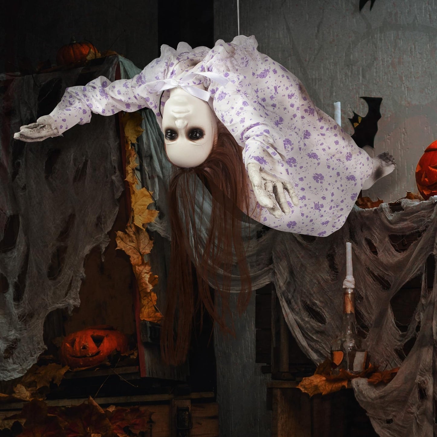 DECORLIFE 29" Halloween Animatronics, Hanging Ghost Girl with Sound Sensor and Glowing Body, Animated Haloween Decorations for Yard Lawn Garden Haunted House Scary Halloween Props