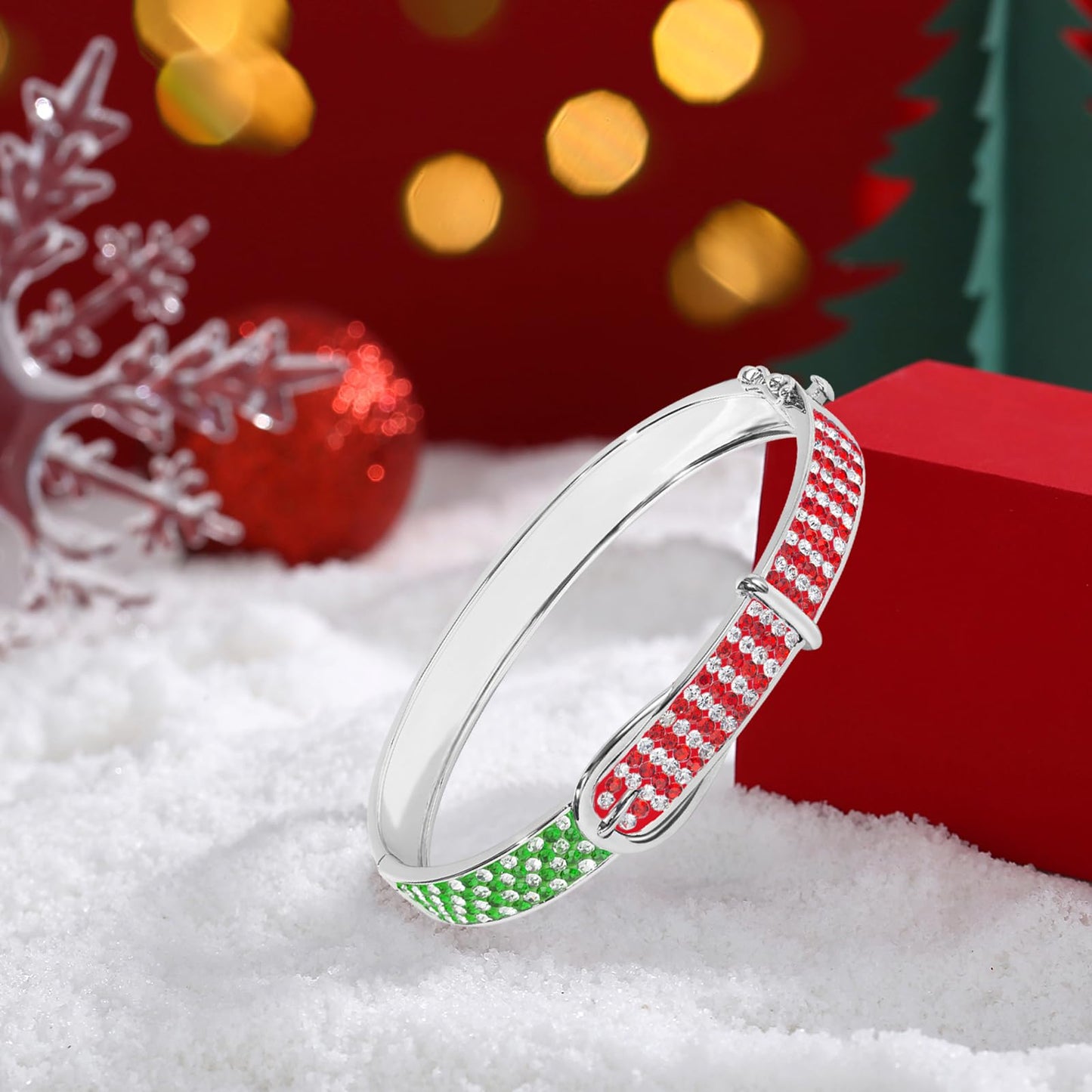 MUYUU Christmas Bangle Bracelet, Silver Plated Red and Green Bracelet, Sparkly Crystal Bracelet For Women Fashion Jewelry
