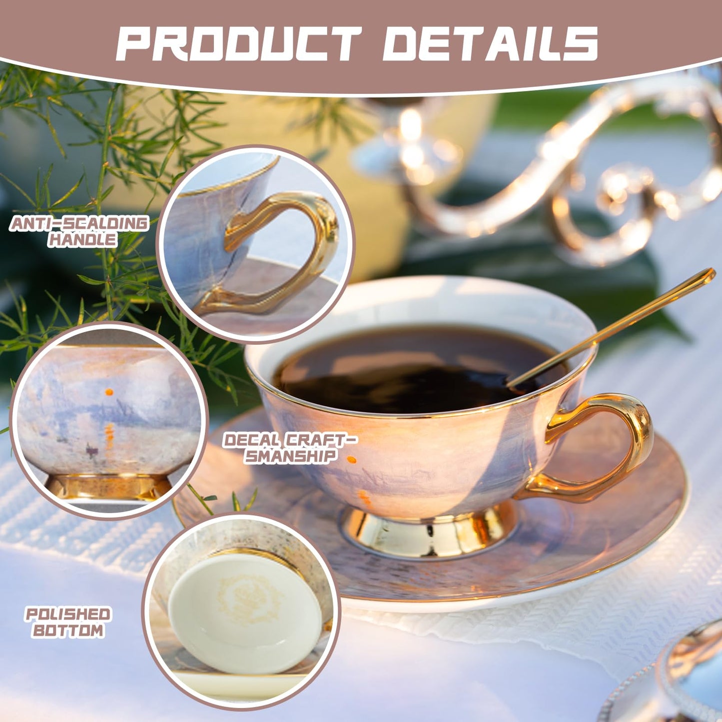 ANYA Coffee Cup Bone China Coffee & Tea Cup and Saucer Set with Spoon and Gift Box, Porcelain Cappuccino Cup, Ideal for Tea Parties, Single Set(7.4 oz) (Sunrise)