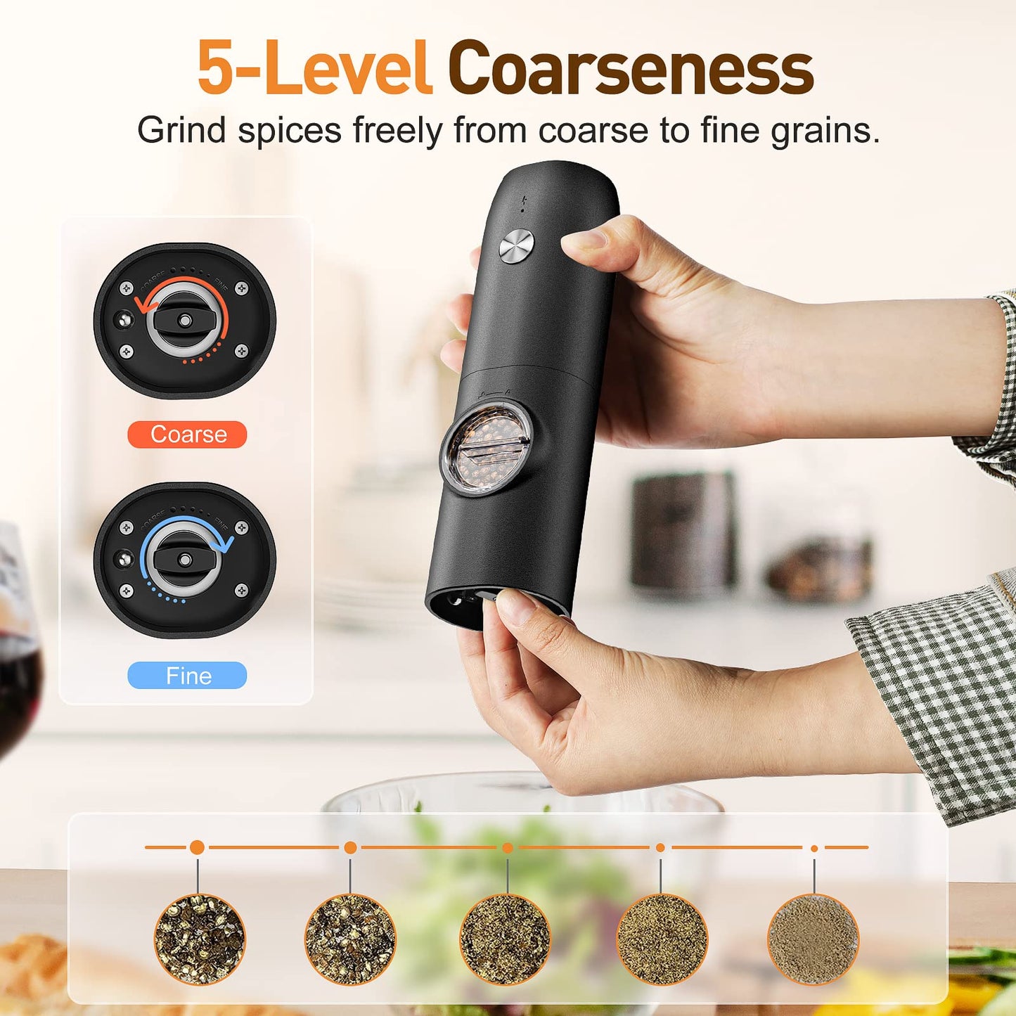 Electric Salt and Pepper Grinder Set, Rechargeable Automatic Pepper Mill Grinder with LED Light, Adjustable Coarseness shakers, One-Hand Operation for Kitchen(2 Pack,Black+White)