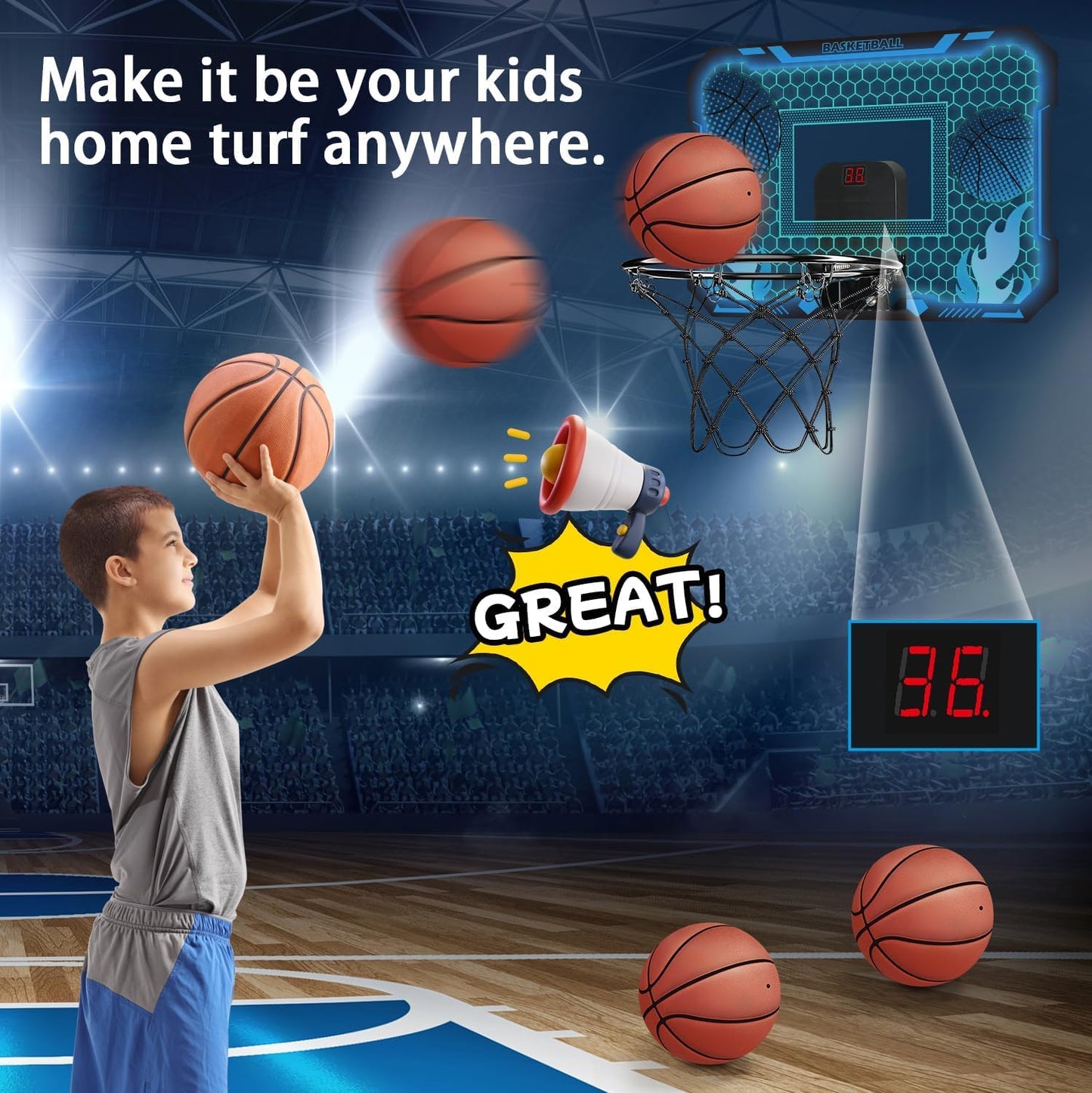 VROGTIK Indoor Basketball Hoop for Kids with Led Lights Mini Basketball Hoop with Remote Control Over The Door Basketball Hoops with Scoreboard Basketball Toys for 4-12 Year Old Boys Girls