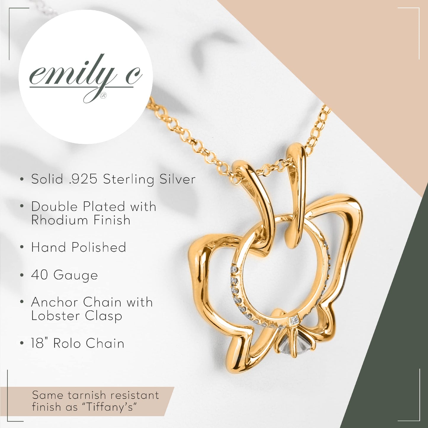 Emily C Ring Holder Necklace - Stainless Steel Necklace with Gold Finish - Engagement Gift for Doctors & Nurses - Gold Jewelry for Mom or Grandmother - Butterfly