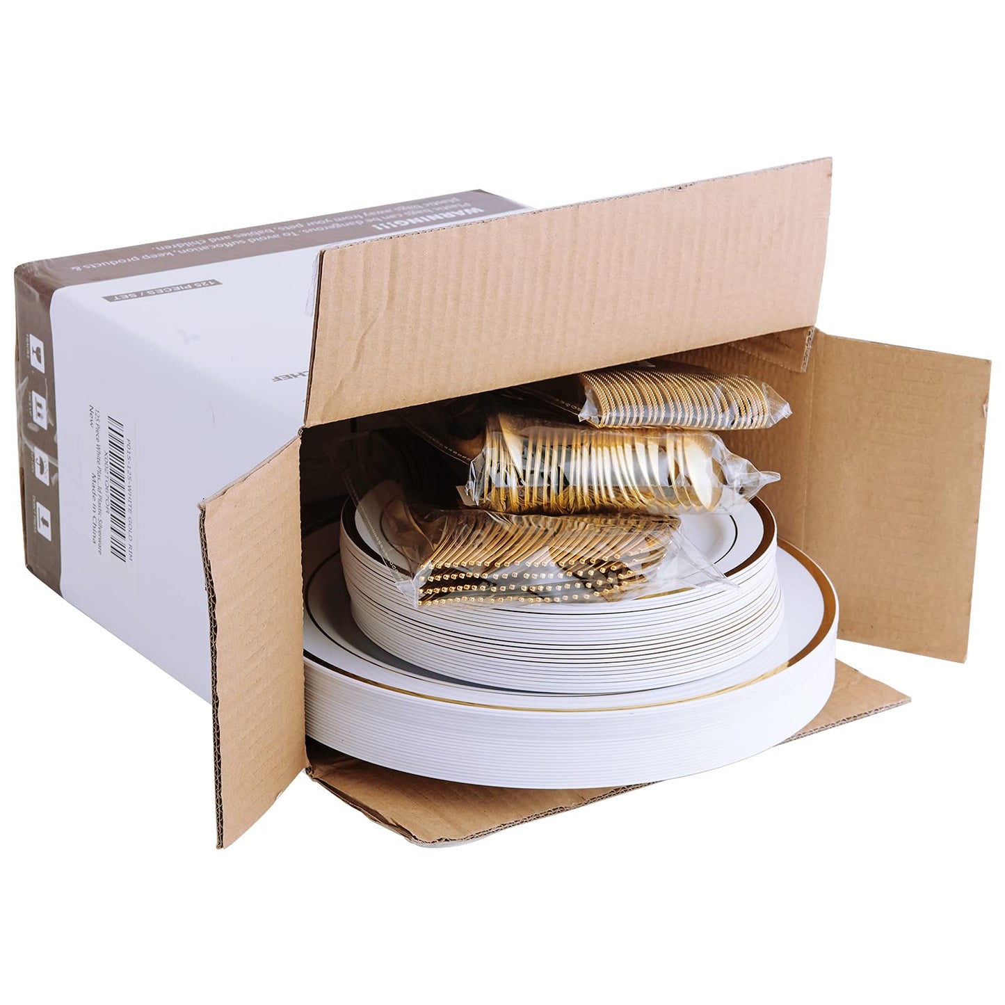 125 Count Gold Plastic Plates Include 25 Dinner Plates 25 Disposable Dessert & Gold Disposable Silverware, Plastic Dinnerware Set Providing for 25 Guests Suitable for Party Wedding