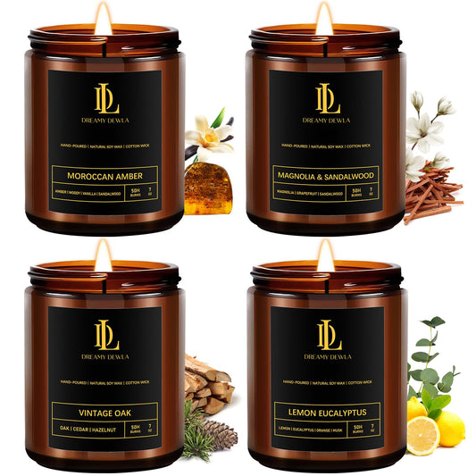 Scented Candles Set, Soy Candles for Home Scented, 4 Pack 28oz Candle Gifts for Men Women, Scents of Magnolia & Sandalwood/Moroccan Amber/Lemon Eucalyptus/Vintage Oak
