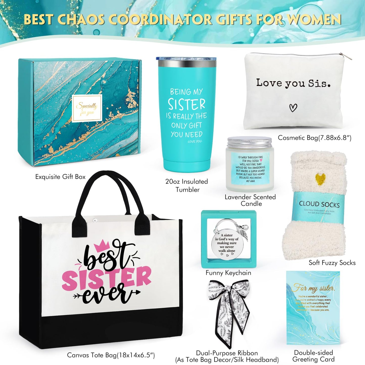 Suhctuptx Sisters Gifts from Sister, Sister Birthday Gifts, Christmas Gift Best Sis Ever Basket Funny Cool Love You Sis Unique Presents Ideas with Canvas Tote Bag for Adult Sisters in Law