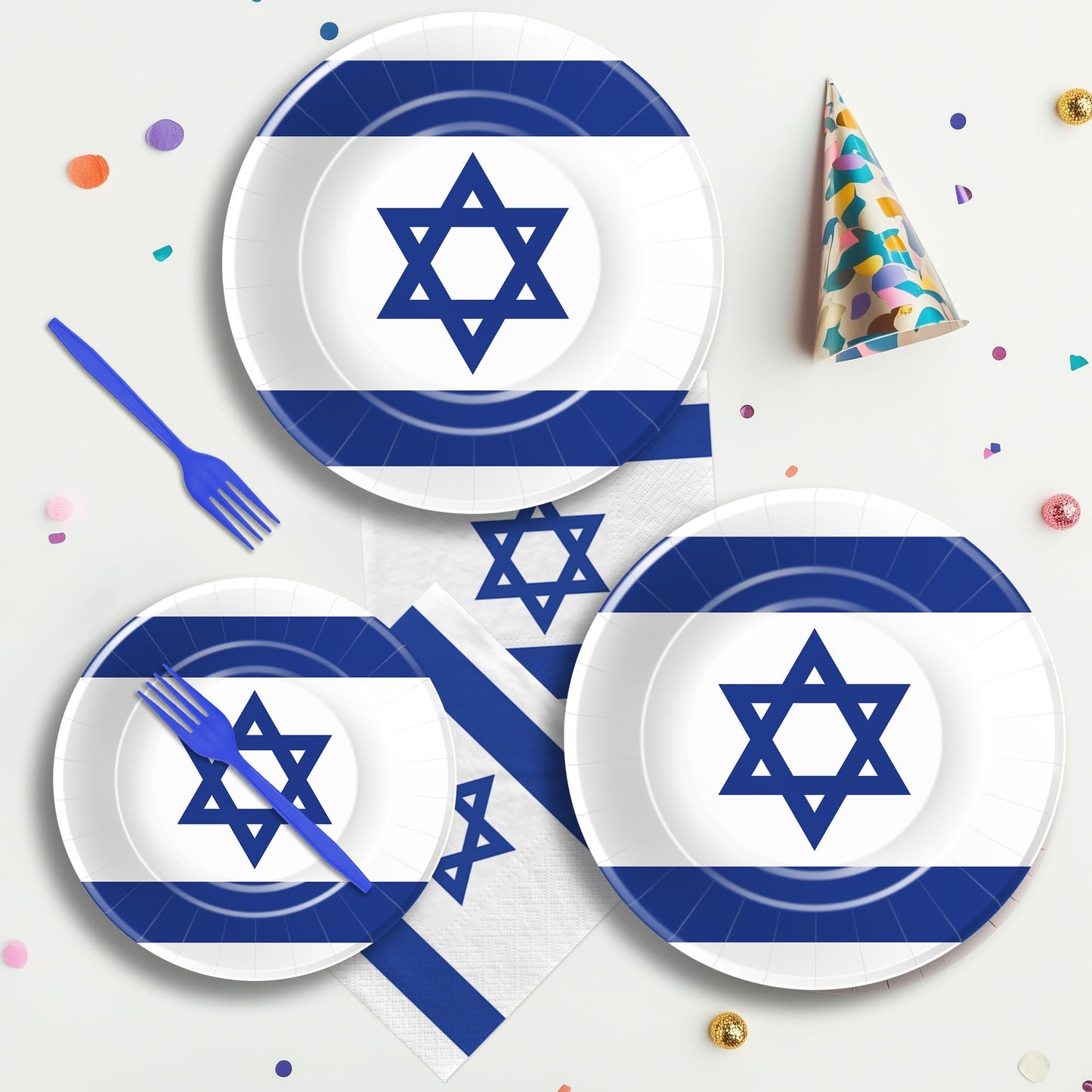 FVABO Israel Flag Party Decorations Tableware, Israeli Flag Party Supplies, Paper Plate, Napkin, Fork, for Israeli Independence Day or Jewish Patriotic Holiday, Serves 24