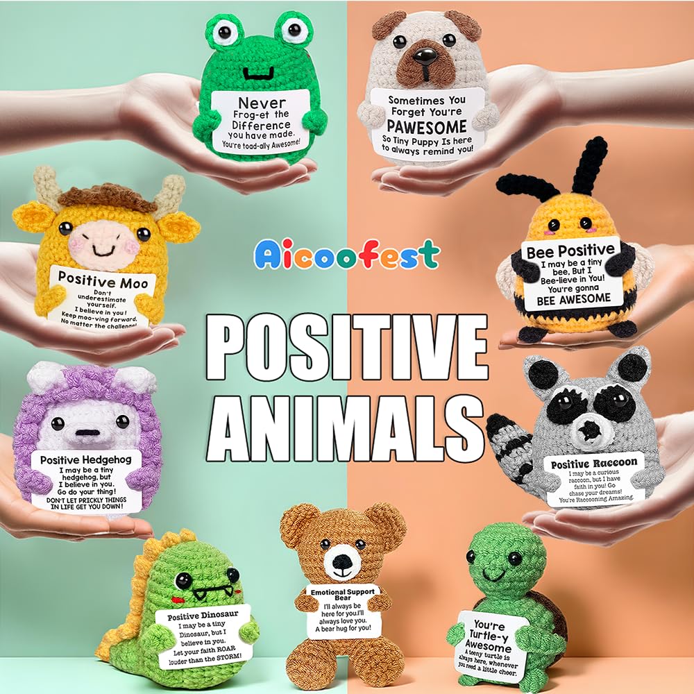 Positive Crochet Animals Bulk, Emotional Support Crochet Animals, Mini Inspirational Gift for Women Friends Coworkers Students Employee Christmas Stocking Stuffers Cute Crocheted Doll Cheer Up Gift