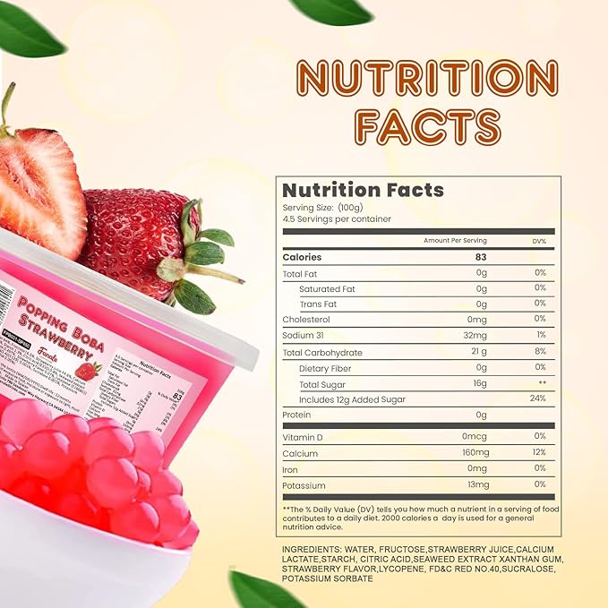 Fanale Strawberry Popping Boba Pearls, Vegan, Non GMO, Gluten Free, Fat Free, Perfect for Bubble Tea, Smoothies, Ice Cream, Desserts, and Beverages 1lb x 12.