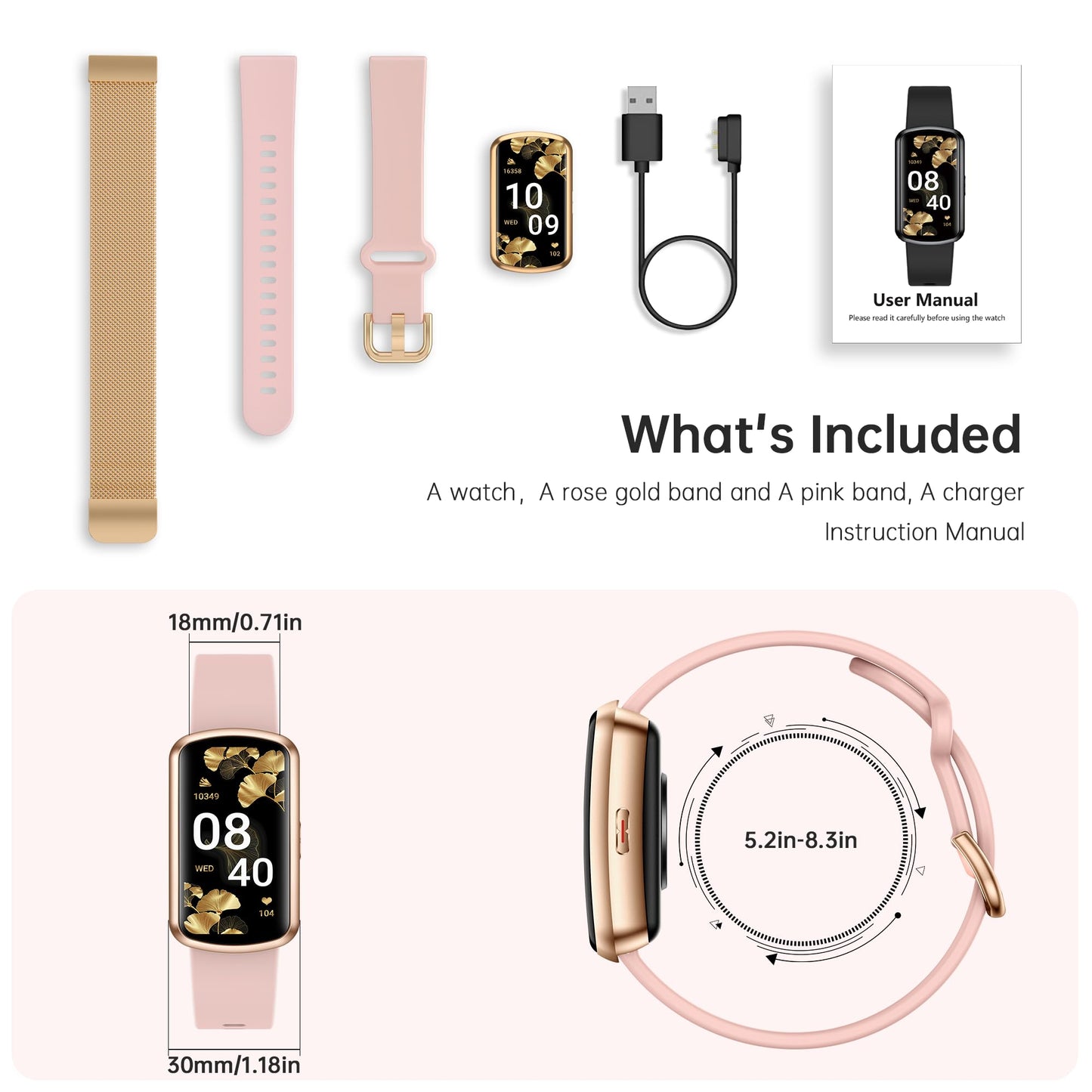 JYUAJOI Health Fitness Tracker, Smart Watch with 24/7 Heart Rate and Blood Pressure Monitor, Activity Tracker with Blood Oxygen, 120 Sport Mode Waterproof Sleep Tracker for Women Men (Pink Gold)