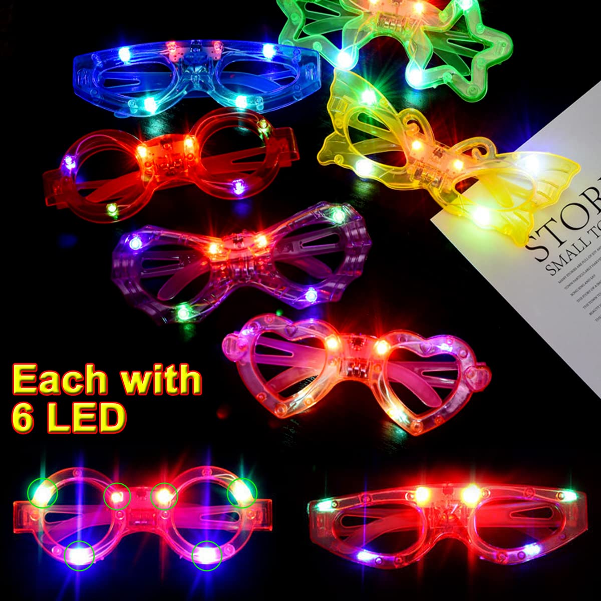 24 Packs LED Glasses for kids Glow in the dark Party Supplies Favor,6 LED 6 Shapes Glasses Flashing Plastic Light up Glass Toys Bulk 3 Replaceable Battery fit Halloween Christmas Thanksgiving
