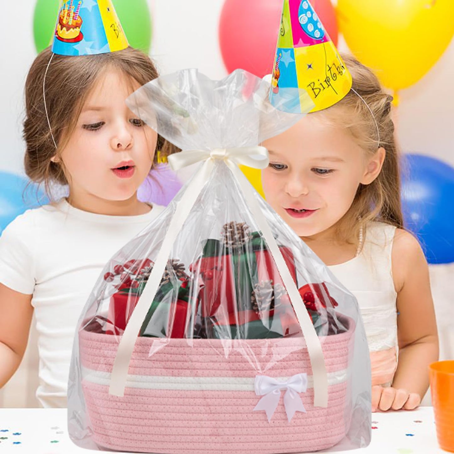 OIAHOMY Large Woven Storage Basket with Handles for Nursery Living Room Shelves, Bow Basket for Gifts Empty with Gift Bags and Ribbons for Baby Showers Pet Toy Bin - Pink