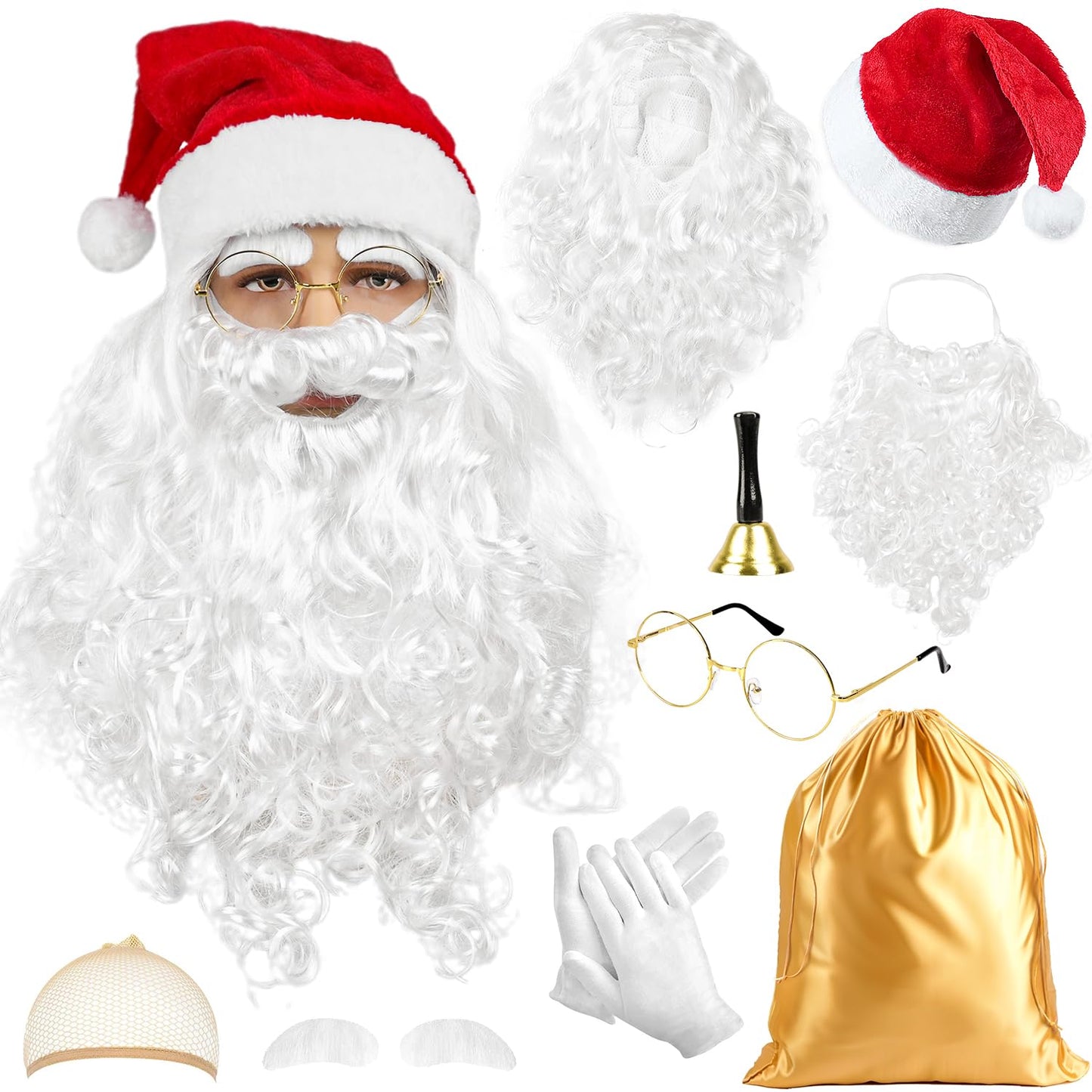 MOVINPE Santa Claus Beard and Wig Set for Adult Men Santa Costume Accessories, Beard Wig Eyebrows Hat Glasses Gloves Satin Gift Bags Hand Bell, Perfect for Holiday Celebrations Parties Festive Events
