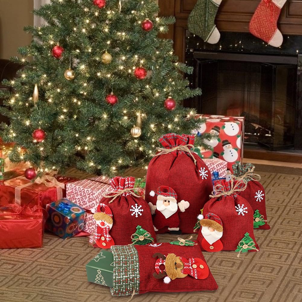 HRX Package 3D Christmas Gift Bags, 16x11 10.5x8 inch Xmas Drawstring Wrapping Bags Pouches for Holiday Goodie, Presents, Stocking Stuffers (5pcs)