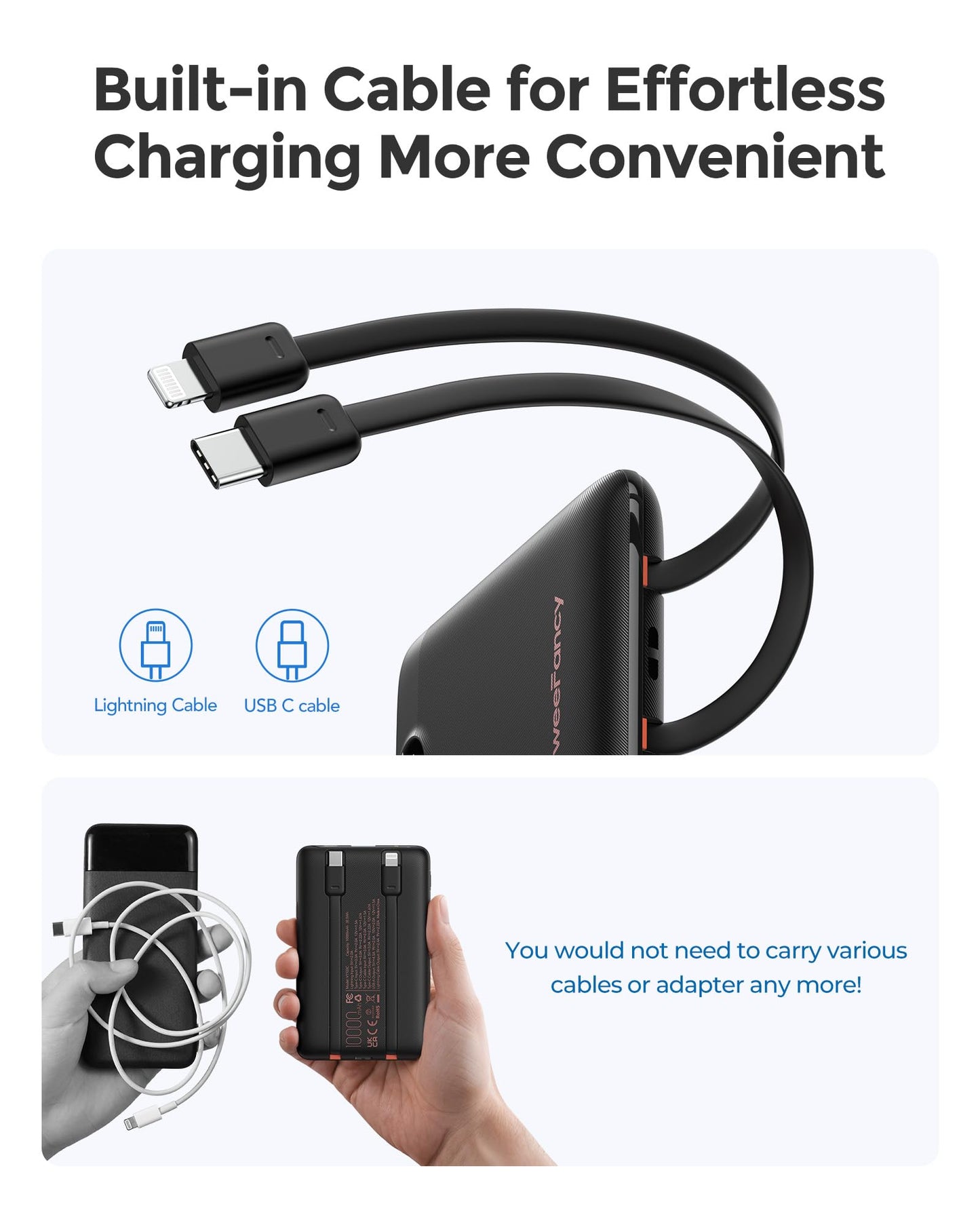 WeeFancy Mini Portable Charger with Built-in Cables 22.5W Fast Charging Power Bank USB-C Small Battery Pack 10000mAh Travel Essential Slim Battery for iPhone 16/15/14, Samsung 25/24, and More
