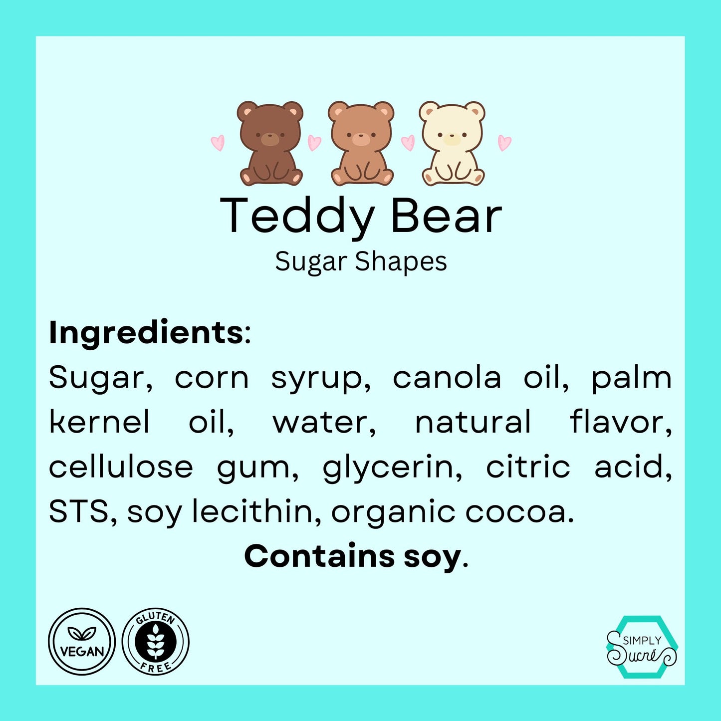 12 Dye Free Teddy Bear Edible Sugar Decorations, Vegan, Gluten-Free, Edible Cake Toppers for Cupcakes, Cookies & Desserts, by Simply Sucré (12 Teddy Bears)