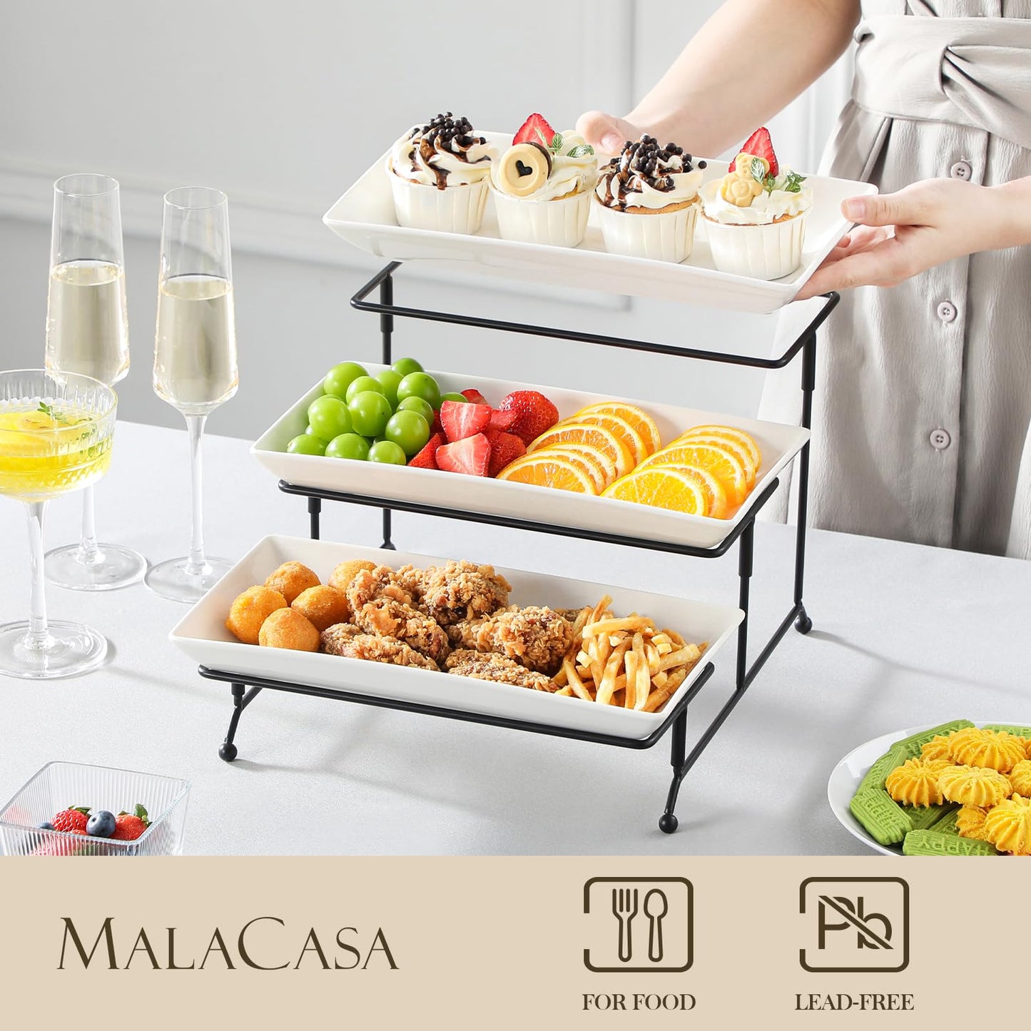 MALACASA 3 Tier Serving Trays for Party, Porcelain Serving Platters and Trays, 12 Inch Tiered Tray Stand, Fruit Tray, Trays for Serving Food, White Dessert Stand with Collapsible Sturdier Metal Rack