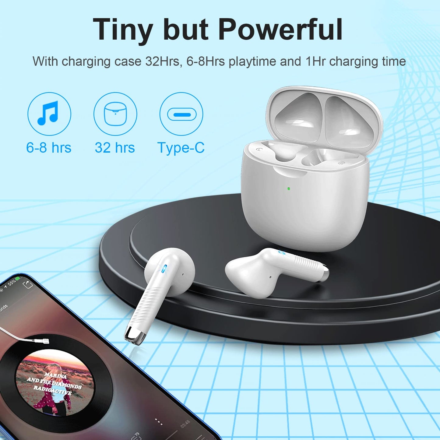 Jxrev Wireless Earbuds, Bluetooth 5.3 Headphones in Ear with Noise Cancelling Mic, Earbuds Stereo Bass, IP7 Waterproof Sports Earphones, 32H Playtime USB C Charging Buds White for Android iOS
