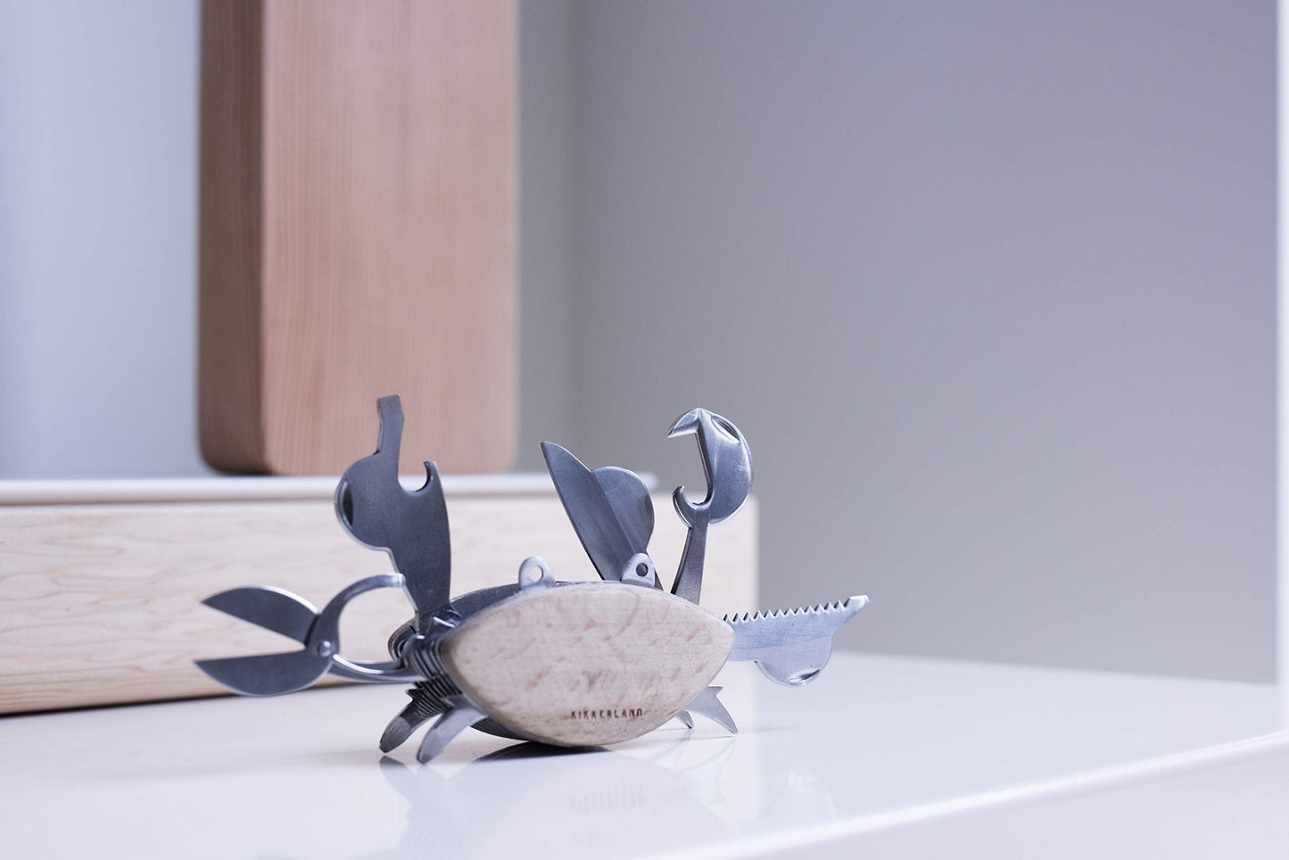 Kikkerland Stainless Steel Beechwood Crab Compact EDC Multi Tool - 6 Tools