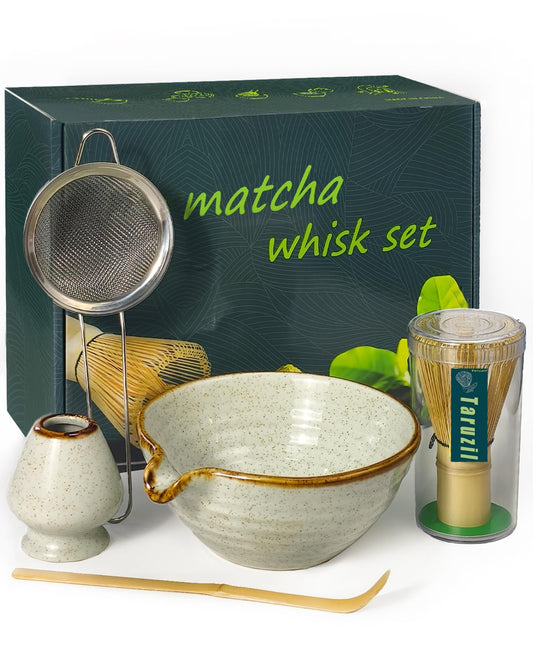 Taruzil Matcha Whisk Set with Matcha Bowl, Matcha Bamboo Whisk, Scoop, Sifter, Matcha Whisk Holder Unique Gifts for Women Men Girl Friend Home Kitchen Decor Gifts for Christmas, Birthday,Halloween