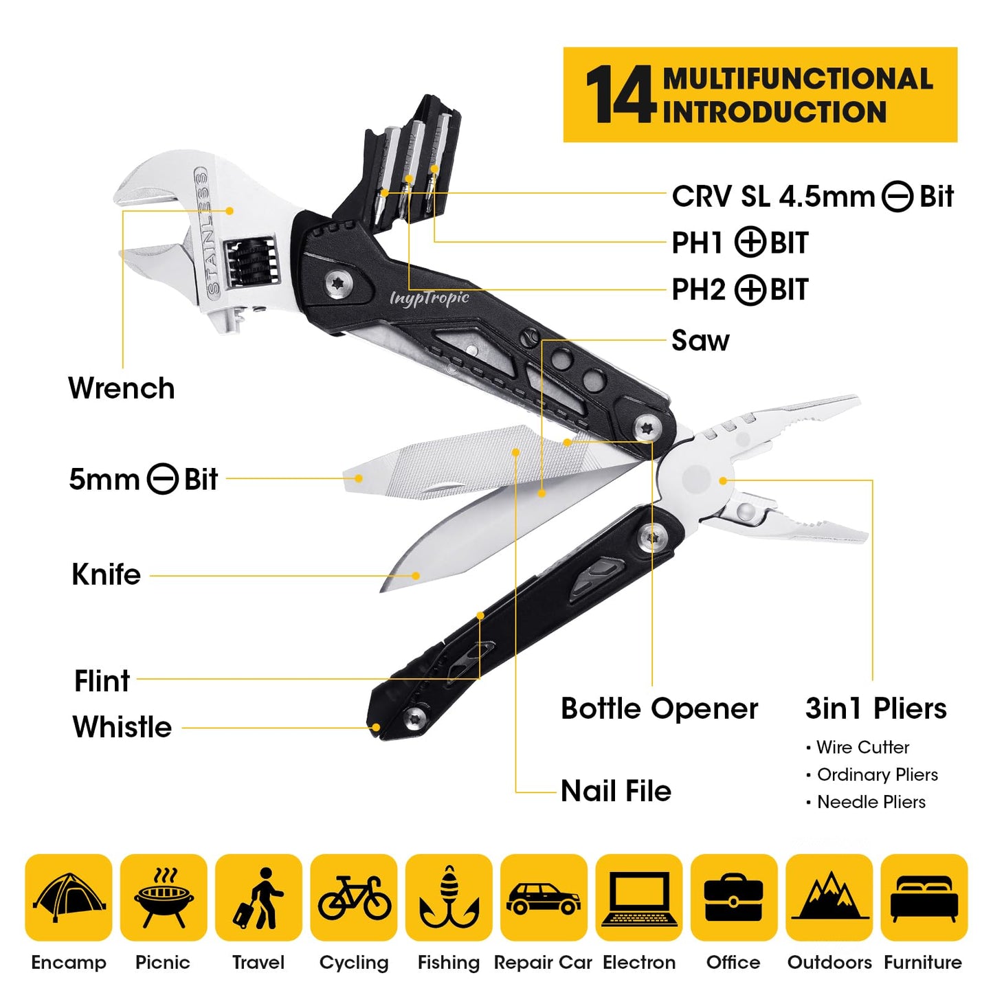 INYPTROPIC Multitool Wrench With 14 Tools/Pliers/Wire Cutter Gift for Dad.Portable Folding Multifunctional Pocket Knife Adjustable Multi Purpose Stainless Steel Tool (Silver black)