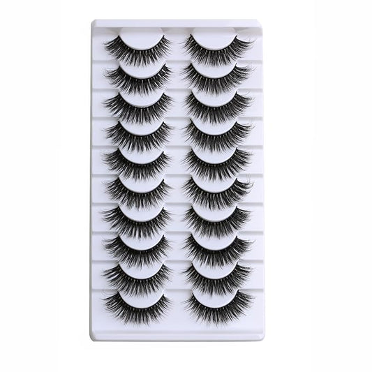 SUNWELL False Eyelashes 15mm Mink Lashes Cat Eye Lashes 8D Fluffy Wispy Foxy Eye Fake Lashes Strips Natural Look Faux Mink Lashes 10 Pairs Pack
