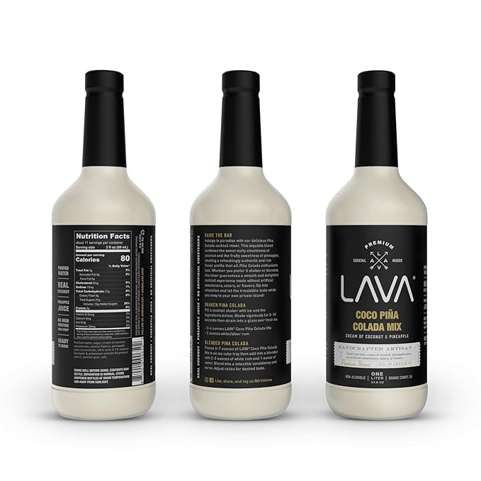 LAVA Premium Coco Pina Colada Made with Cream of Coconut and Real Pineapple, No Artificial Sweeteners or Flavors, 1-Liter (33.8oz) Glass Bottle.