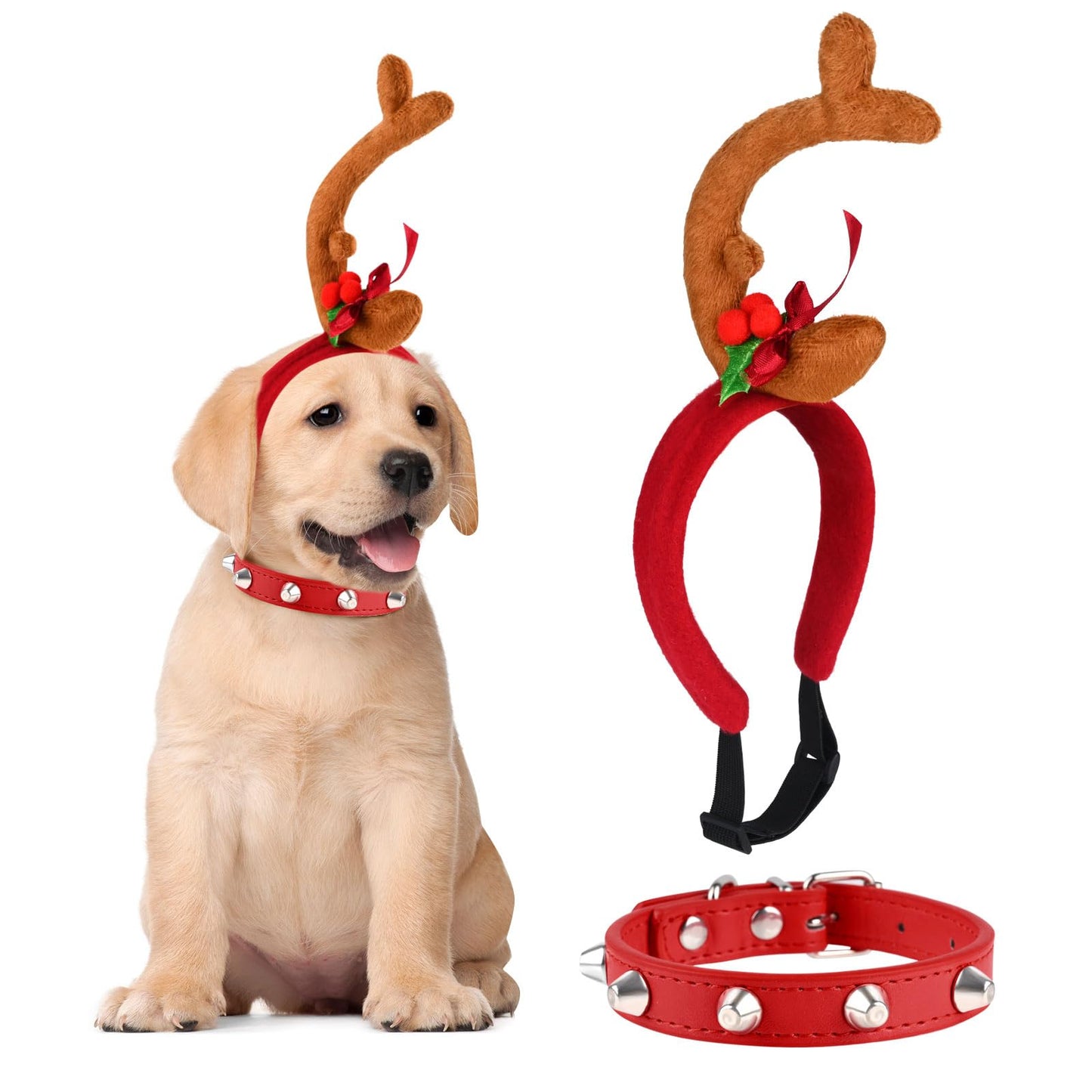 Kavoc Christmas Reindeer Antler Headband with Dog Ears Ajustable Elastic Band Dog CostumeDog Antlers Costume for Medium Dogs Pets Xmas Party Decor