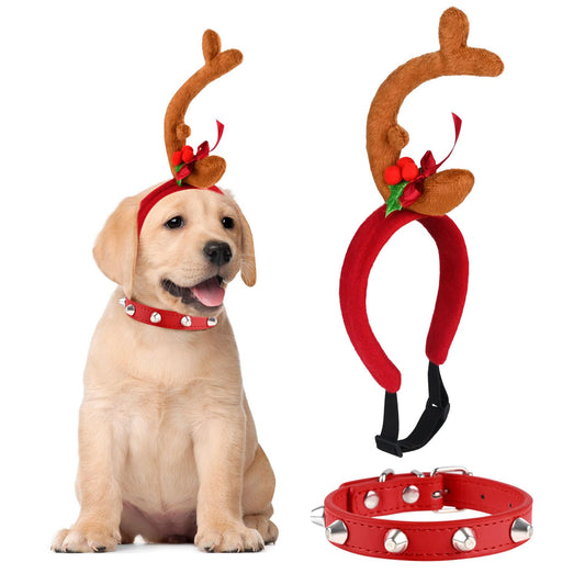Kavoc Christmas Reindeer Antler Headband with Dog Ears Ajustable Elastic Band Dog CostumeDog Antlers Costume for Medium Dogs Pets Xmas Party Decor