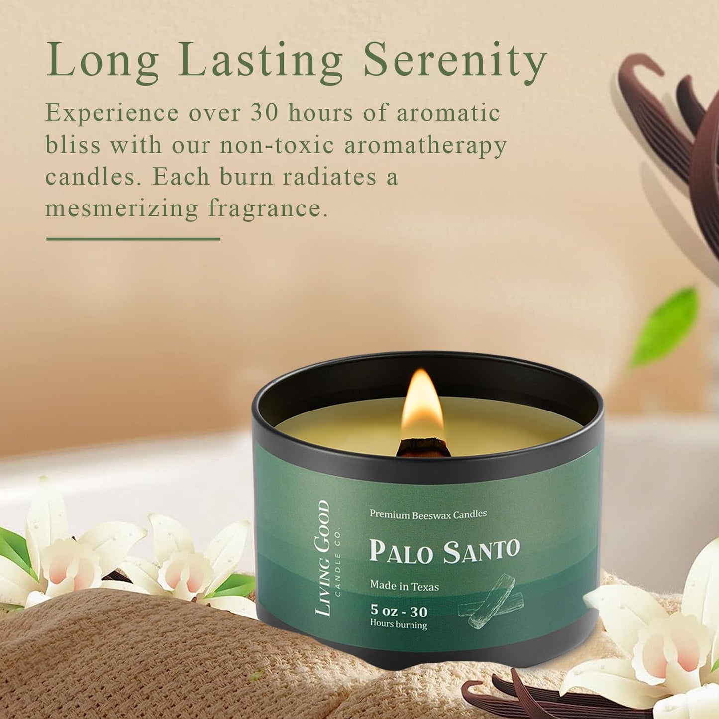 Palo Santo Pure Beeswax Candle Tin - 30+ Hours Long Burning Classically Designed Non-Toxic Scented Candles for Home Decor and Aromatherapy to Stress & Anxiety Relief with Natural Fragrance - 5 oz