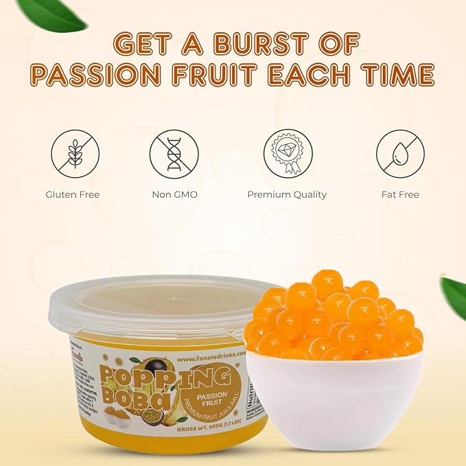 Fanale Passion Fruit Popping Boba Pearls, Vegan, Non GMO, Gluten Free, Fat Free, Perfect for Bubble Tea, Smoothies, Ice Cream, Desserts, and Beverages.