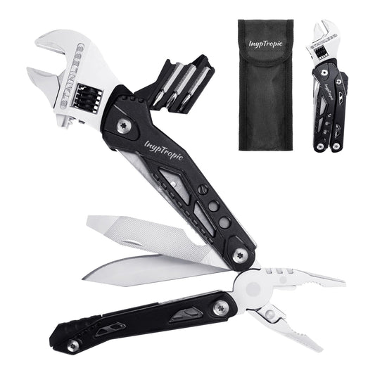 INYPTROPIC Multitool Wrench With 14 Tools/Pliers/Wire Cutter Gift for Dad.Portable Folding Multifunctional Pocket Knife Adjustable Multi Purpose Stainless Steel Tool (Silver black)