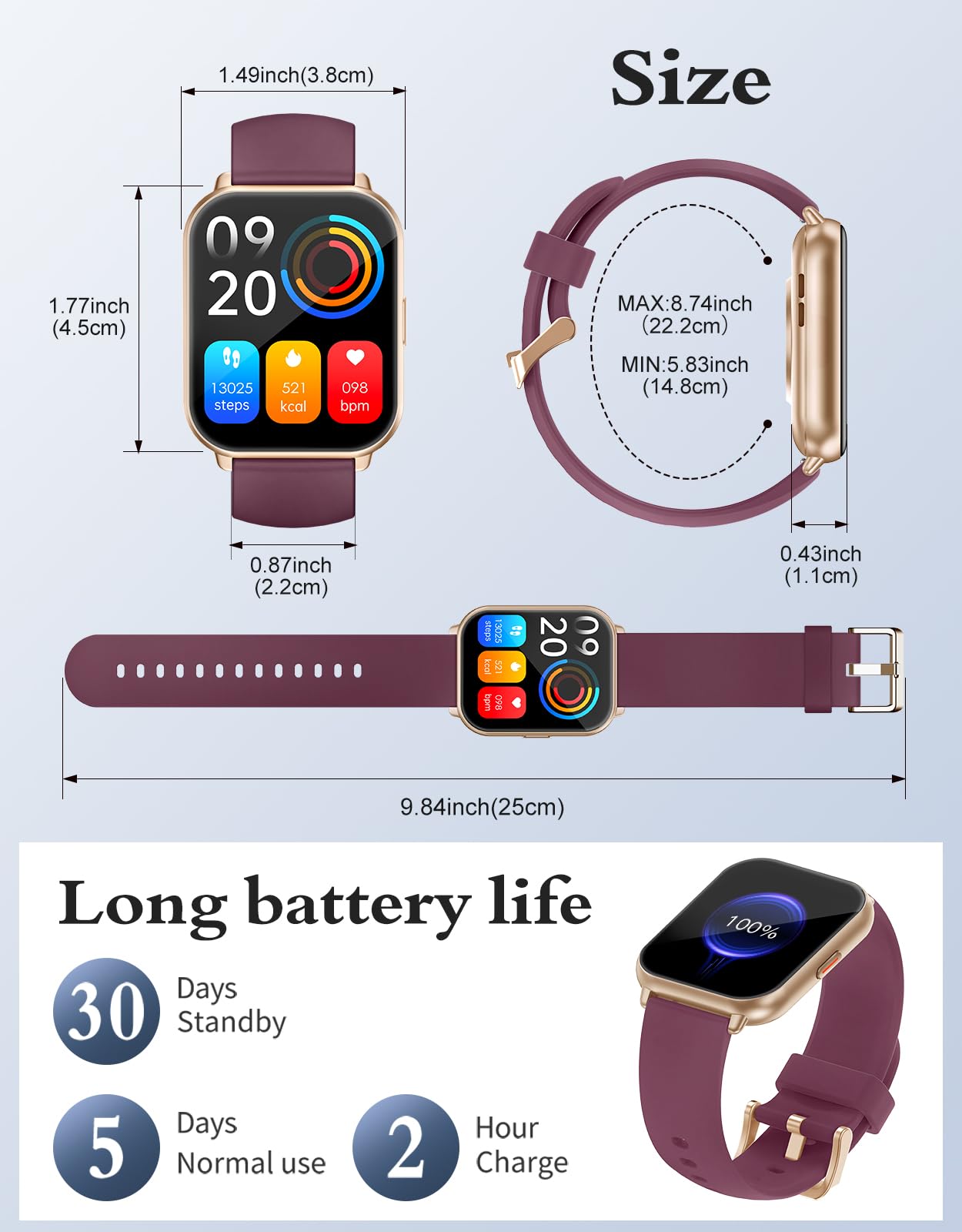 RUIMEN Smart Watches for Men Women (Answer/Make Calls, 2 Bands Included), 1.8" Smartwatch for iOS/Android Phones, Fitness Tracker Heart Rate/Sleep Monitor Digital Watch Waterproof Purple