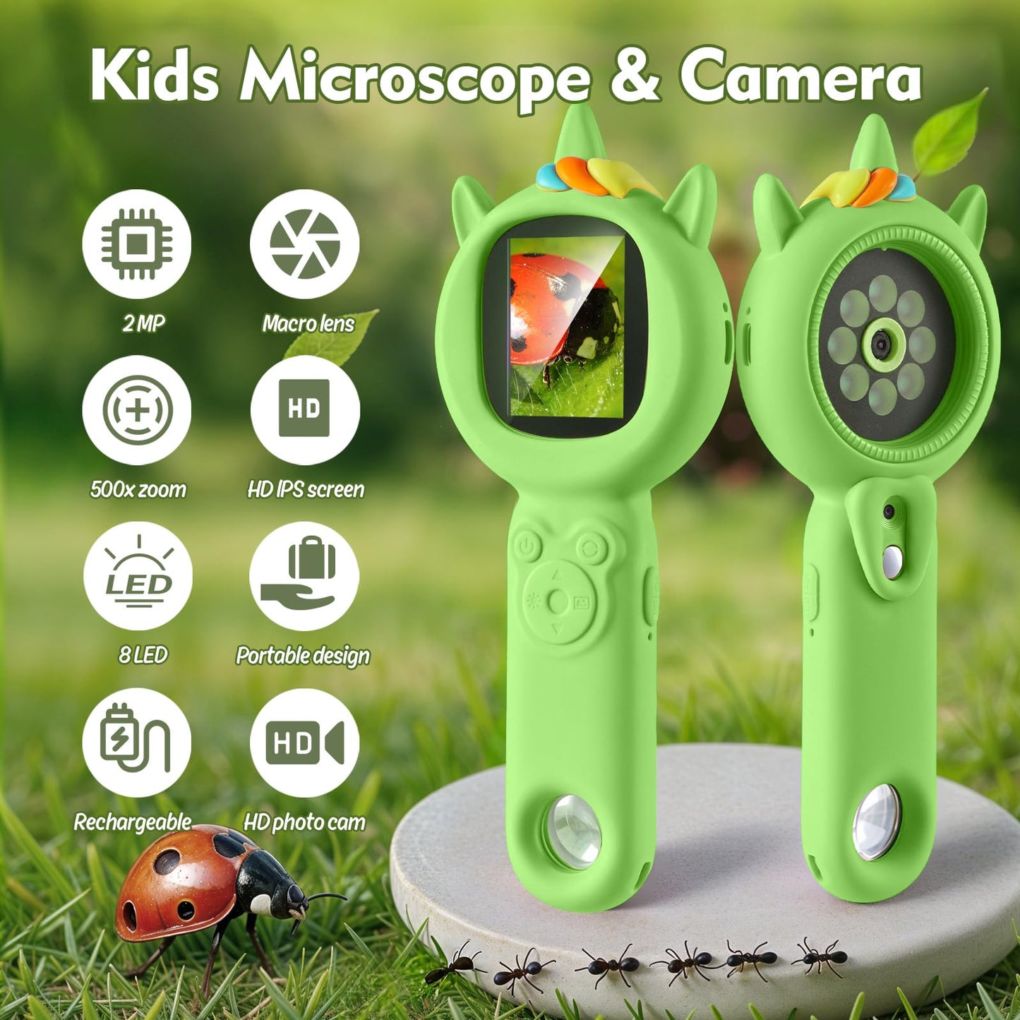 Kids Microscope- 500x Magnification,16X Zoom,Handheld Microscope for Kids with HD Cam,Portable Science Learning Tool,Christmas Birthday Gifts for Boys Girls Aged 3-12,32GB SD Card Include（Green）