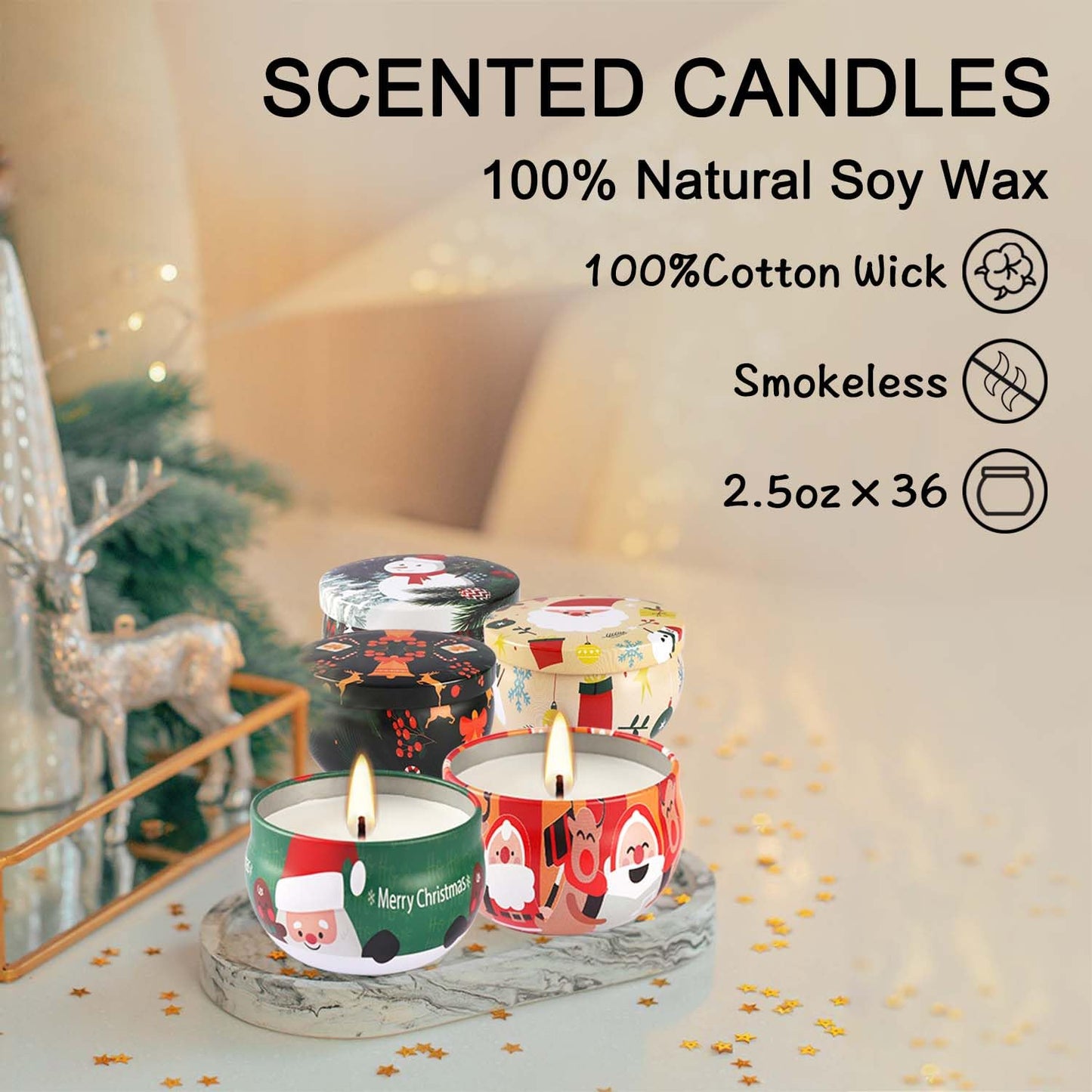 36Pack Christmasc Sets,Long Burning,2.5oz Natural Soy Wax with Essential Oils Decorative Aromatherapy Candles for Christmas，Thanksgiving Gift, Home Scented