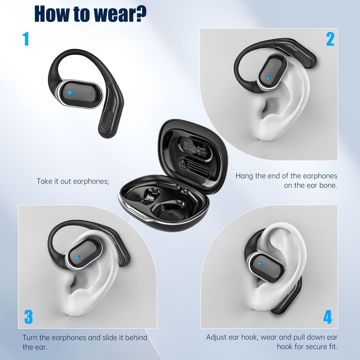 TRAUSI Open Ear Wireless Earbuds Bluetooth Headphones, 50Hrs Playtime Stereo Sound Earphones with IPX7 Waterproof Ear Buds for Fitness/Workouts/Travel