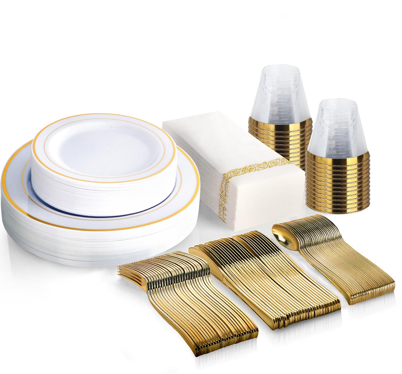 M MCIRCO 175 Piece Gold Dinnerware Set - 50 Plates - 25 Silverware - 25 Cups - 25 Paper Napkins, 25 Guest Disposable Gold Dinnerware Set